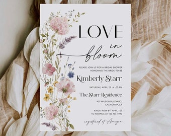 Love In Bloom Bridal Shower Invitation, Wildflower Bridal Shower Invite, Editable Bridal Shower Invitation, Pink Garden Flower Template PWFL
