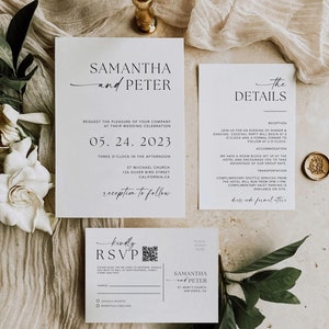 Hochzeitseinladung mit QR-Code, Minimale Hochzeitseinladung, Moderne Einladung, einfache bearbeitbare Einladungsvorlage, MM1 Bild 1