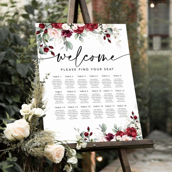 Burgundy Wedding Seating Chart Template, Burgundy Floral Seating Plan, 100% Editable, Rustic Calligraphy Wedding Sign, #BUR