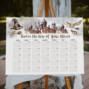 May include: A printable baby shower game with a whimsical Harry Potter theme. The game features a calendar with a castle illustration and the text "Guess the date of Baby Olivia".