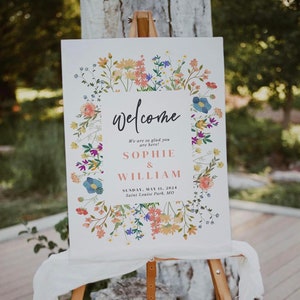 Cartello di benvenuto con fiori selvatici, cartello di benvenuto per matrimonio modificabile, cartello per ricevimento, cartello per festa in giardino con poster grande, modello CANVA modificabile WFL