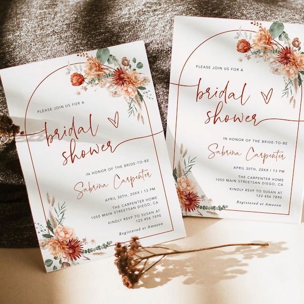 Boho Bridal Shower Template Card, Terracotta Bridal Invitation, Arch Template, Rustic Floral Fall Invitation #MARELLA