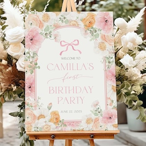 Cartel de bienvenida para primer cumpleaños de niña, plantilla floral rosa polvoriento en lienzo, póster de fiesta bohemio para niña, decoración imprimible para primer cumpleaños, BDP