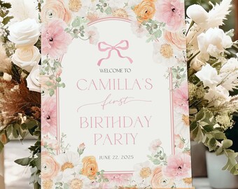 Dusty Pink Floral First Birthday Welcome Sign (Canva Template)