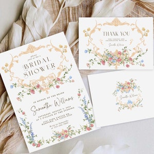 Französische Rosen Brautdusche Vorlage mit Dankes-Karte, bearbeitbares Vintage Invite Set mit viktorianischem Rahmen, Bridgerton Themed