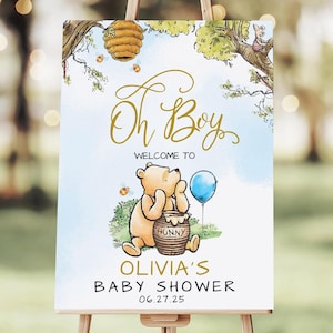 Winnie The Pooh Baby Shower Welcome Sign, Blue Balloon Oh Boy, Editable Canva Template