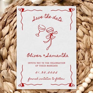 Invitación con garabatos para guardar la fecha, plantilla manuscrita, editable, imprimible, retro, divertida, dibujada a mano, para guardar nuestra fecha, invitación Canva SCR