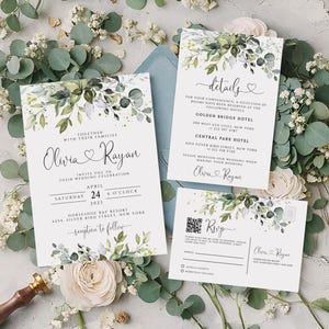 Eucalyptus Wedding Invitations Set, Evening Wedding Reception Invitation, Greenery Wedding Invitate Template with QR Code
