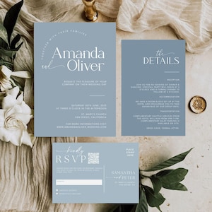 Conjunto de invitaciones en azul claro con código QR, conjunto de invitaciones para bodas de invierno en azul francés, detalles en azul polvoriento y tarjetas de respuesta, paquete editable n.° MM2