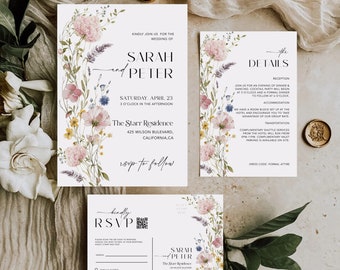 Wildflower Wedding Invitation Set QR Code RSVP, Garden Flower Wedding Invite Suite, Rustic Foral Bundle, Editable Template, #PWFL