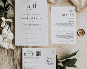 Monogram Wedding Invitation with QR Code, Minimal Wedding Invite Suite, Modern Invite, Simple Editable Invitation Bundle Template, #MM2