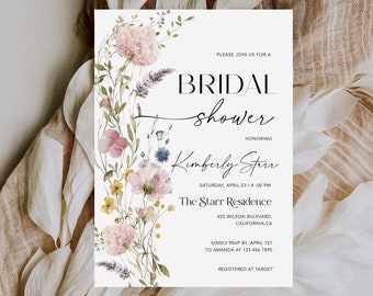 Wildflower Bridal Shower Invitation, Pink Garden flower Invite, Editable Boho Bridal Shower Invitation, Bridal brunch Floral Template PWFL