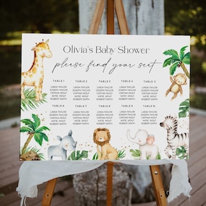 Gráfico de asientos editable para baby shower de safari, baby shower de jungla de género neutro, póster de asientos de animales del zoológico, plantilla editable, #WLDB
