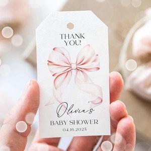 Roze strik bedankje tag babyshower bedankje labelsjabloon bewerkbare blush roze coquette babymeisje roze lint CANVA strikje