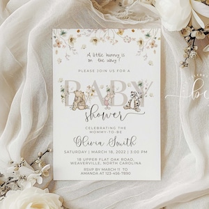Invitation Winnie l'ourson, modèle de baby shower sans distinction de sexe, fête de baby shower Winnie l'ourson modifiable, modèle Canva #WTPG
