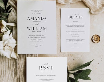 Minimalist Wedding Invitation Bundle, Simple Wedding Invite Suite, Modern Invite, Editable Invite Template, Details Card, Rsvp Card #MM2