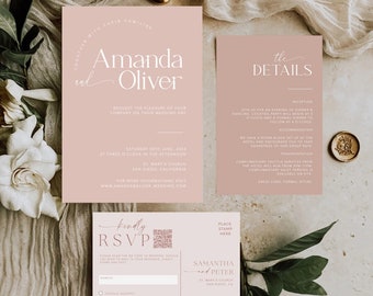 Dusty Pink Wedding Invitation with QR Code, Minimalist Wedding Invite Suite, Modern Minimal Bundle, Simple Editable Invite Template, #MM2