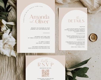 Arch Wedding Invites with QR Code, Minimalist Wedding Invite Suite, Modern Invite Bundle, Simple Editable Invite Template, #MM2