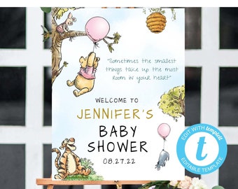 Pink Winnie The Pooh Baby Shower Welcome Sign (Digital File)