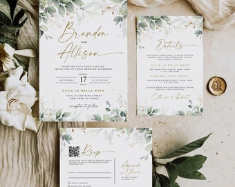 Greenery Wedding Invitation Template Bundle, Boho Wedding Template, QR Code RSVP, Eucalyptus Wedding Invitation , AMELIA