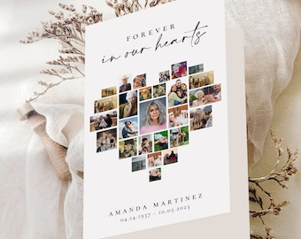 Szablon programu pogrzebowego z kolażem w kształcie serca: Karta pamiątkowa ze zdjęciem (edytuj w Canva)