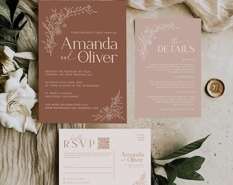 Botanical Wedding Invitation Suite: Terracotta, Dusty Rose (Editable Template)