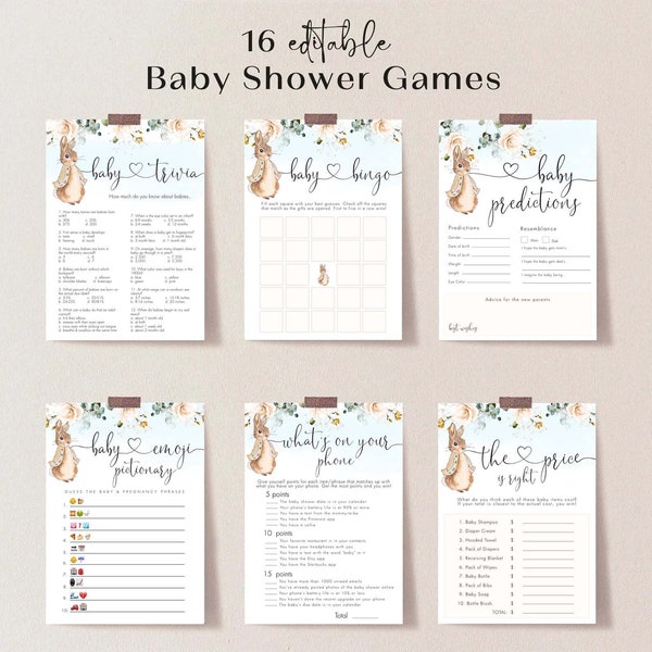 Peter Rabbit Baby Shower Games, Gender Neutral Shower Game Bundle, Girl or Boy baby shower games package , Editable Template, #PR