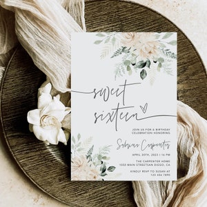 Sweet Sixteen Einladungsvorlage, Boho Floral Sweet 16.Einladung druckbare, Salbeigrün rustikale bearbeitbare Geburtstagseinladung #SGreen