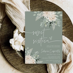 Sweet Sixteen Einladung Vorlage, Sage Green Sweet 16.Einladung druckbare, Boho Rustikale bearbeitbare Geburtstagseinladung #SGreen
