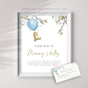 Winnie l'ourson, quelle est la taille du ventre de maman, ventre de maman, jeu de baby shower, ballon bleu modèle modifiable, jeu de baby shower templett # CB1