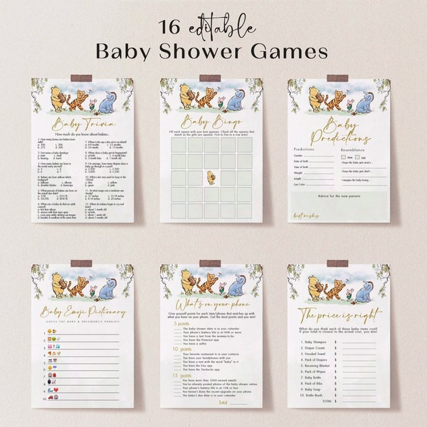 Classic Winnie The Pooh Baby Shower Game Bundle, Editable Winnie the Pooh Baby Shower Games, Winnie the Pooh Editable Template, #CWG