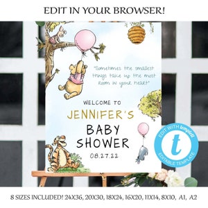 Pink Winnie The Pooh Baby Shower Welcome Sign, Classic Winnie The Pooh Baby Shower Decorations, Baby  Welcome Sign, Digital File , #PWP
