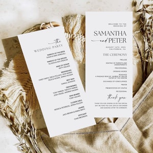 May include: Wedding ceremony program with a white background and black text. The program lists the wedding party, the ceremony order, and a thank you message. The text includes the names Samantha and Peter.