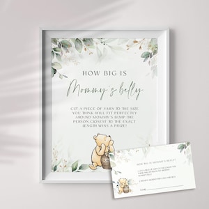 Classic Winnie Baby Shower Games How Big Is Mommy's Belly Game Sign and String Card for 50 Guests for Party Birthday Winnie Baby Shower Decorations