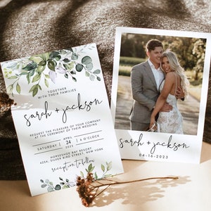 Greenery Wedding Photo Invitation Template: Eucalyptus, Faux Gold (Digital)
