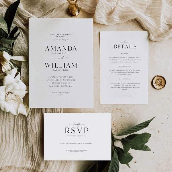 Minimalist Wedding Invitation Bundle, Simple Wedding Invite Suite, Modern Invite, Editable Invite Template, Details Card, Rsvp Card #MM2