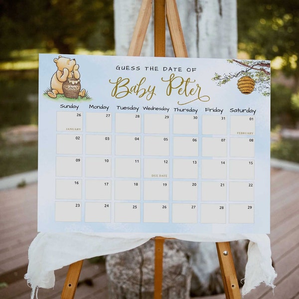 Winnie The Pooh Baby Due Date Calendar Game, Baby Shower Game, Guess Baby's Birth Date, Editable Baby Prediction, Due Date Game, #BWP