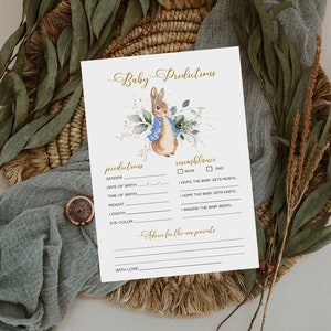 Peter Rabbit-babyvoorspellingskaarten, babyvoorspellingen, babyshowerspel, bewerkbare sjabloon, bewerkbaar babyshowerspel, Templett #PR