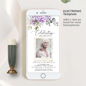 Invitación electrónica para funerales, invitación para funerales en color lila, invitación para celebrar la vida, invitación editable #FNRL