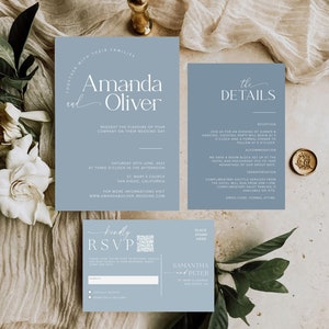 Faire-part de mariage bleu poussiéreux avec code QR, suite d'invitation de mariage minimaliste, ensemble minimal moderne, modèle d'invitation modifiable simple, MM2 image 1