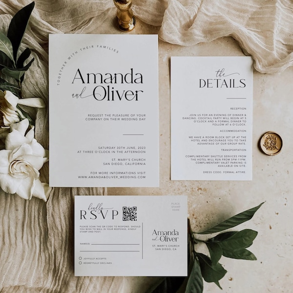 Minimal Wedding Invites with QR Code, Minimalist Wedding Invite Suite, Modern Invite, Simple Editable Invite Template, #MM2