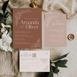 Botanical Wedding Invitation Suite: Terracotta, Dusty Rose (Editable Template)