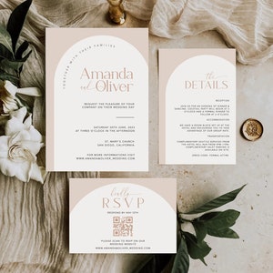 Arch Wedding Invites with QR Code, Minimalist Wedding Invite Suite, Modern Invite Bundle, Simple Editable Invite Template #MM2