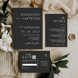 Faire-part de mariage noir avec code QR, suite minimale d'invitations de mariage, invitation moderne, modèle de toile d'invitation modifiable simple, # MM2