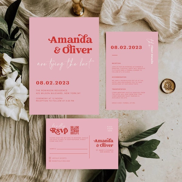 Pink Retro Wedding Invitation Bundle with QR Code, 70s Boho Wedding Invite Suite, Pink Details and Rsvp, Editable Templates, #HPR