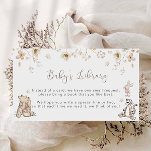 Winnie de Poeh-boeken voor babykaart, babybibliotheek, genderneutrale babyshower, bewerkbaar Pooh-boekverzoekticket, 3,5 x 2 Templett, #WTPG