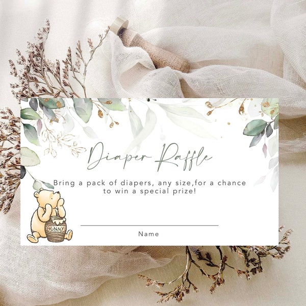 Winnie The Pooh Diaper Raffle Card, Gender Neutral Baby Shower, Editable Greenery Pooh Diaper Raffle Ticket , 3.5x2 Templett, #WTPGG