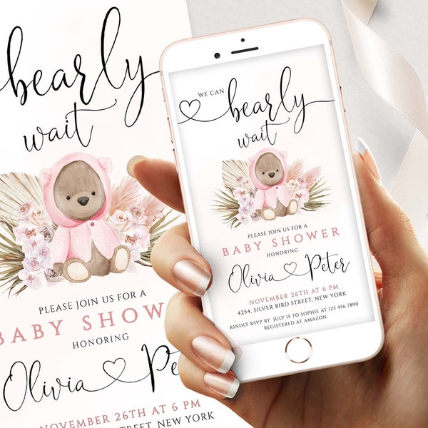 Pampas Grass Bear Baby Shower Evite,  We Can Bearly Wait, Girl Baby Bear, Electronic Pink Teddy Bear Baby Shower, Editable Bear Invitation,