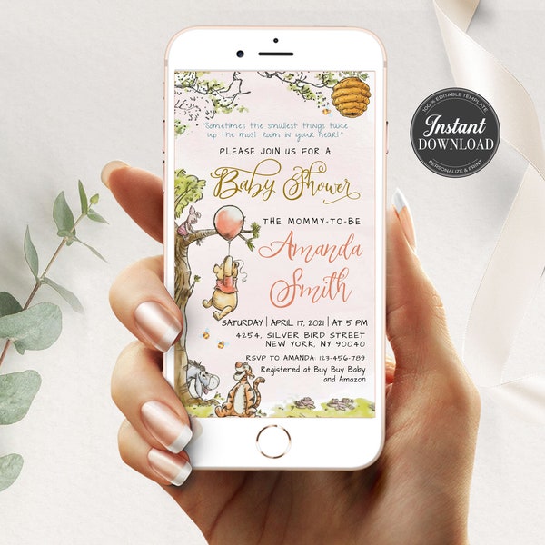 Classic Winnie The Pooh Evite, Pink Classic Winnie the Pooh Baby Shower Evite , Electronic Invitation, Editable Templett , Shower Evite #RWP