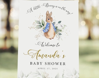 Peter Rabbit Baby Shower Welcome Sign Editable Blue Bunny Baby Shower Poster Peter Rabbit Party Decorations Eucalyptus Design Canva #PR